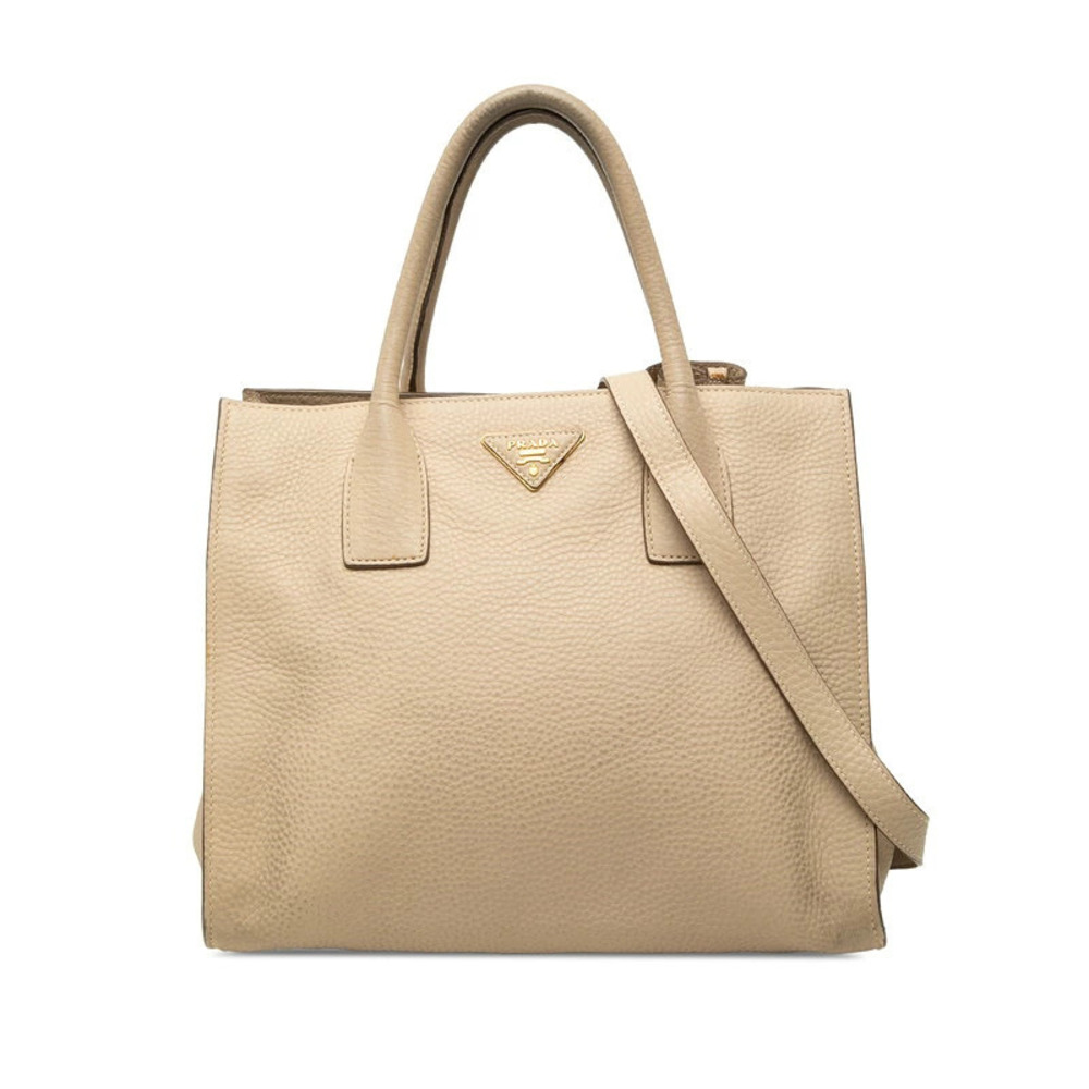 Prada Triangle Plate 2way Shoulder Bag Beige Cream Leather